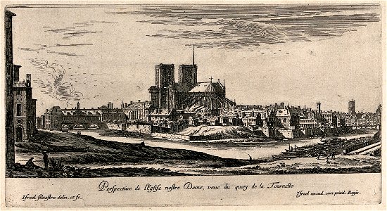 Israel Silvestre, 'Perspectiue de l'Eglise nostre Dame, veue du quay de la Tournelle', Faucheux 52.3 – israel.silvestre.fr