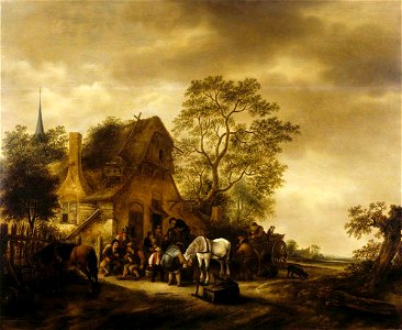 Isack van Ostade (1621-1649) - A Gathering before a Village Inn - 1246473 - National Trust. Free illustration for personal and commercial use.