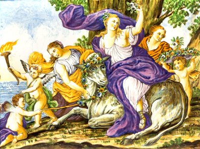 Italian Majolica plaque depicting the rape of Europa, 18th century