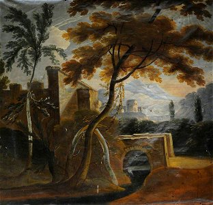 Italian School - Landscape with a Castle and a Bridge, with a Townscape and Mountains beyond - 980570 - National Trust