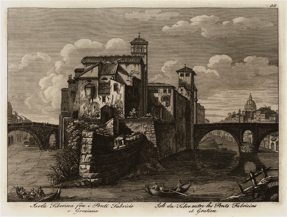 Isola Tiberina fra i Ponti Fabricio e Graziano - Li Monumenti Piú Celebri Di Roma Antica E Moderna Disegnati Da Vero Ed Incisi Dai Migliori Artisti Rome Presso Po - 1850