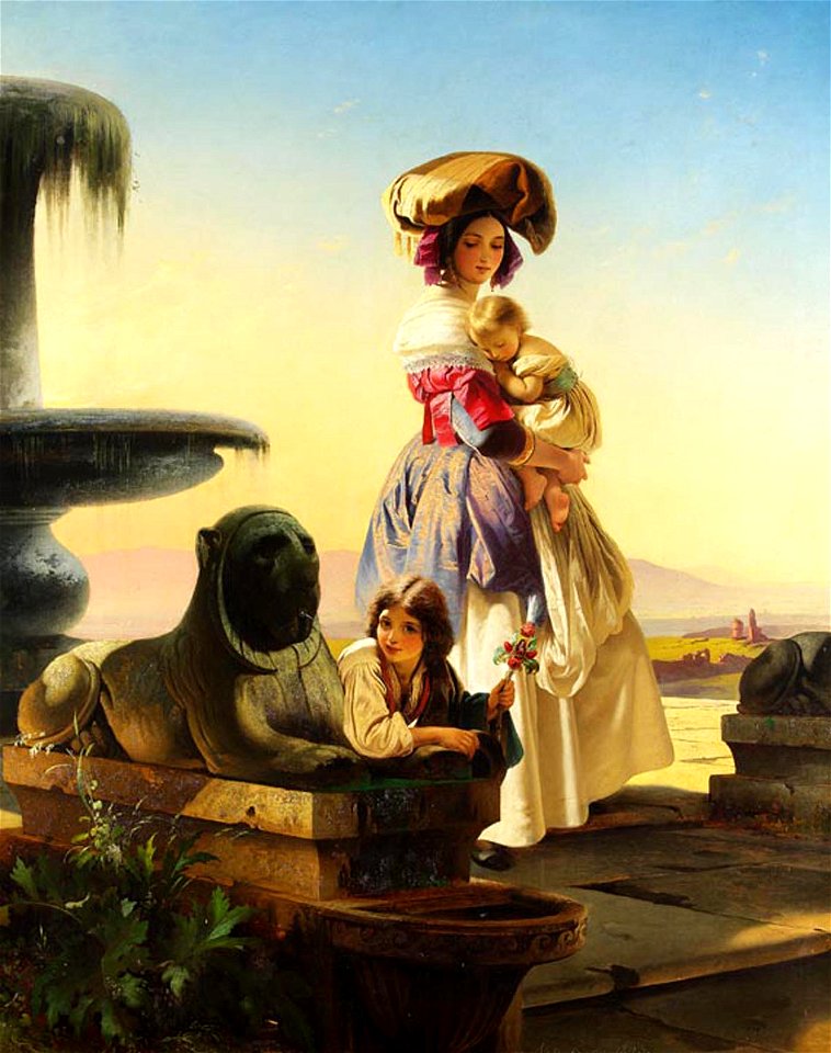Italian woman with children on the stairs