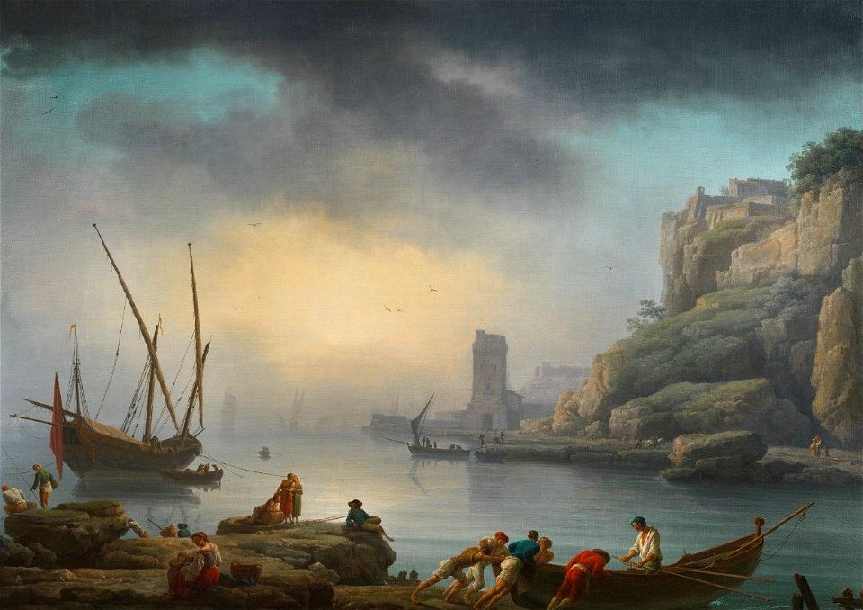 Italian harbor scene in fog, with fishermen by Claude-Joseph Vernet, 1747