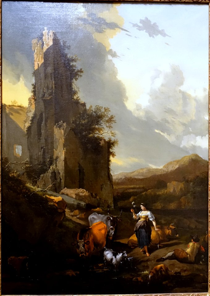 Italianate Landscape with Animals, a Shepherd, and a Peasant Woman Holding a Distaff, workshop of Nicolaes Pietersz Berchem, undated, oil on canvas - Blanton Museum of Art - Austin, Texas - DSC07814