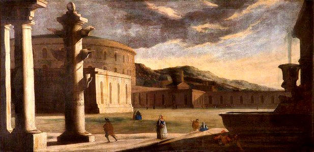 Italian School - Architectural Capriccio of Ancient Rome with Figures, Vespasian's Amphitheatre with the Columna Rostrata - 1257186 - National Trust