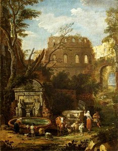 Italo-Flemish School - Classical Landscape with Ruins and Peasants by a Fountain - 732253 - National Trust