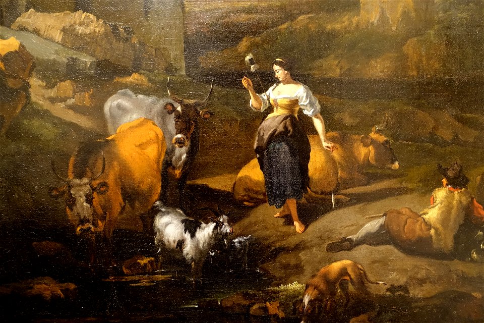 Italianate Landscape with Animals, a Shepherd, and a Peasant Woman Holding a Distaff, workshop of Nicolaes Pietersz Berchem, undated, oil on canvas, detail - Blanton Museum of Art - Austin, Texas - DSC07815