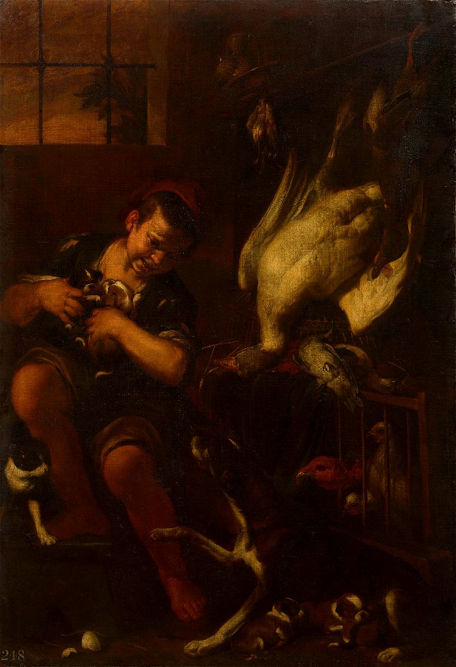 Italian School, 17th century - A Seated Boy holding Puppies in an Interior - RCIN 402683 - Royal Collection
