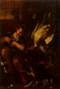 Italian School, 17th century - A Seated Boy holding Puppies in an Interior - RCIN 402683 - Royal Collection