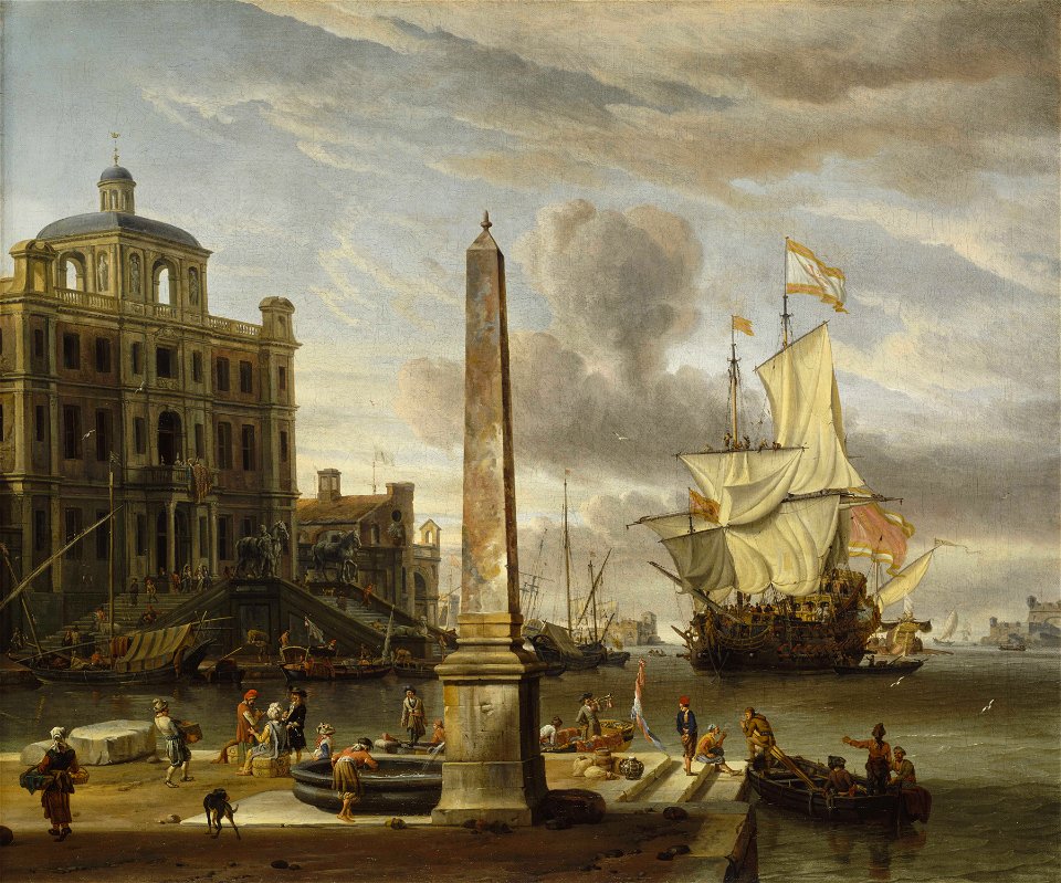 Italianate Harbour View with a Fantasy Building and Man-of-War RMG BHC0929