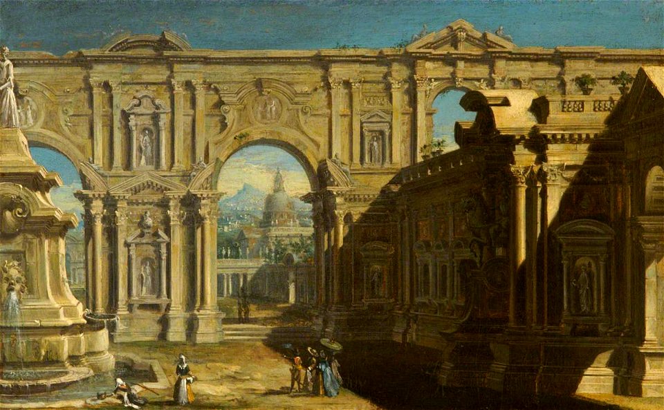 Italian (Neapolitan) School - Architectural Capriccio with Figures and Two Washerwomen near a Fountain - 1530109 - National Trust