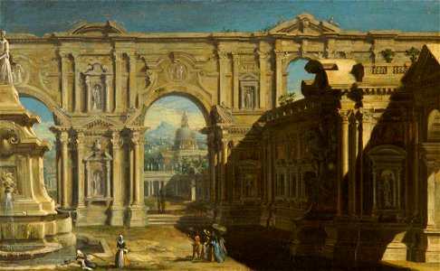 Italian (Neapolitan) School - Architectural Capriccio with Figures and Two Washerwomen near a Fountain - 1530109 - National Trust