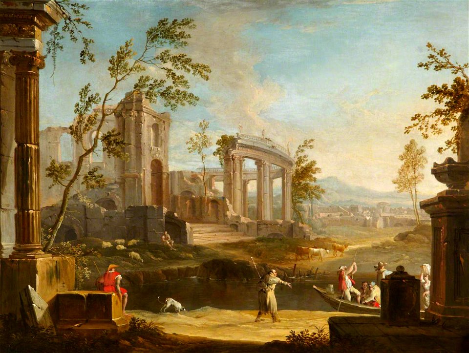 Italian (Venetian) School - Classical Landscape with a Pilgrim Hectoring People in a Barge - 1530118 - National Trust