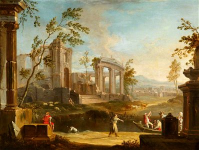 Italian (Venetian) School - Classical Landscape with a Pilgrim Hectoring People in a Barge - 1530118 - National Trust
