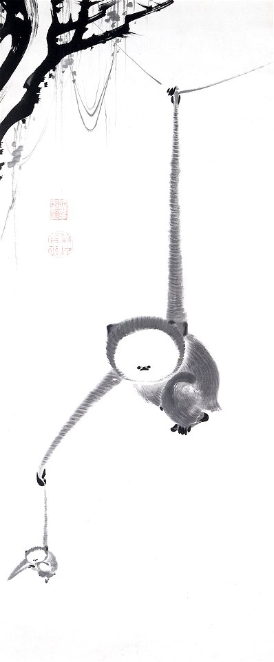 Ito Jakuchu, Japanese (1716–1800), Two Gibbons Reaching for the Moon, c. 1770, Japan, Edo period, Hanging scroll, ink on paper, Kimbell Art