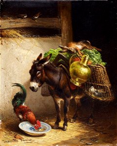 Henriette Ronner-Knip Esel und Hahn im Stall. Free illustration for personal and commercial use.