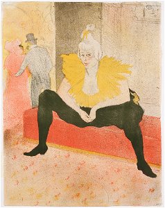 Henri de Toulouse-Lautrec, Sedící klaunka (Mlle Cha-U-Kao), 1896, barevná křídová litografie, papír 525 x 400 mm, Sbírka grafiky Národní galerie v Praze