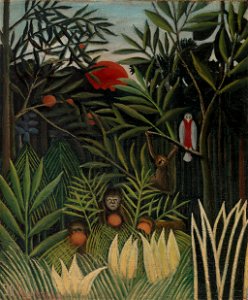 Henri Rousseau - Monkeys and Parrot in the Virgin Forest (Singes et perroquet dans la forêt vierge) - BF397 - Barnes Foundation. Free illustration for personal and commercial use.