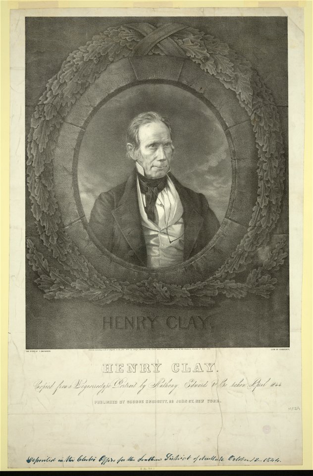Henry Clay Copied from a daguerreotype portrait by Anthony, Edwards & Co. taken April 1844 - - on stone by F. Davignon ; lith. of Endicott. LCCN2009633655