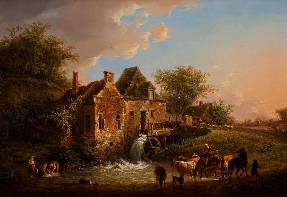 Henri van Assche - Landschap met waterval en boerderij