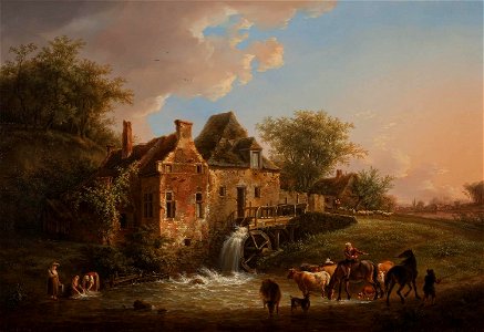 Henri van Assche - Landschap met waterval en boerderij. Free illustration for personal and commercial use.