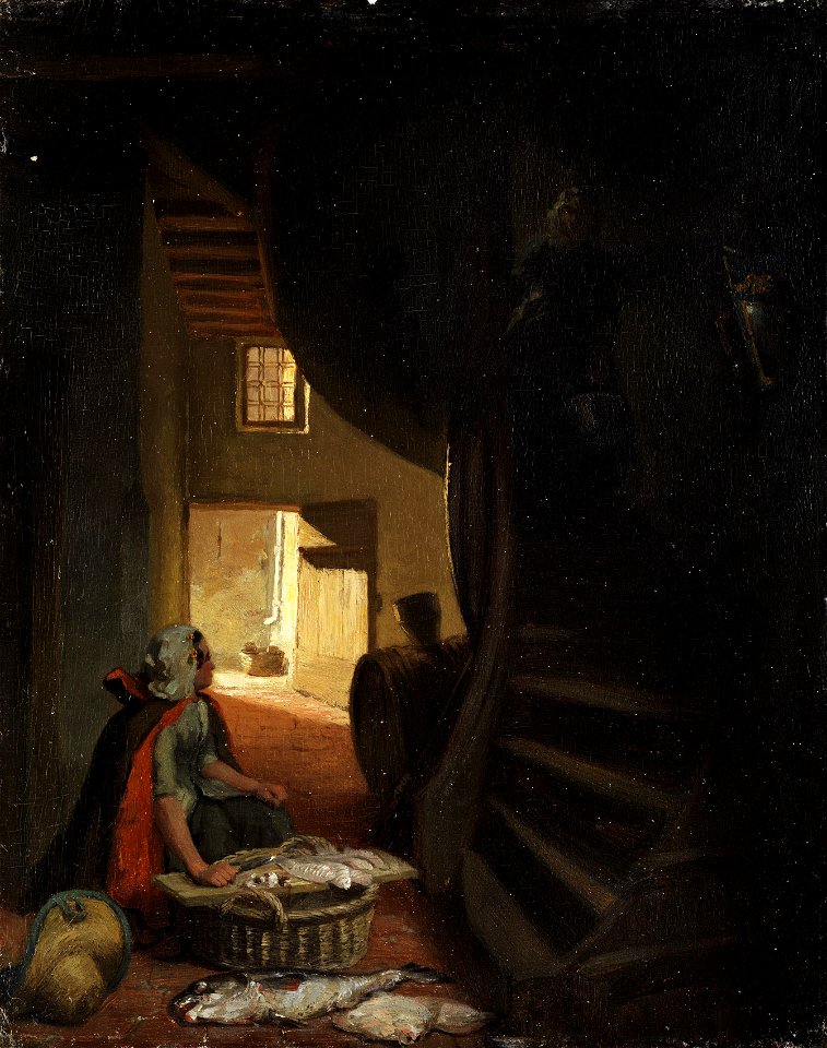 Henri van Seben Treppeninterieur mit Frau mit Fischkorb