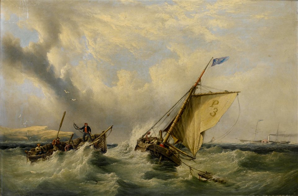 Henry King Taylor - Pilot cutter no. 3 with a rowing boat coming alongside and a paddlesteamer in the distance