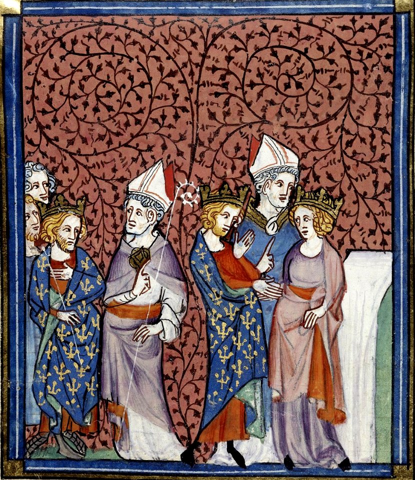 Henry I sending a bishop, and his marriage to Anne, Grandes chroniques de France, Royal 16 G.VI, f.269v, c. 1332-1350 (22727649151). Free illustration for personal and commercial use.
