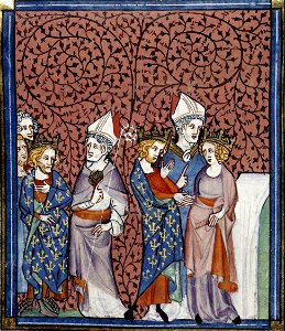 Henry I sending a bishop, and his marriage to Anne, Grandes chroniques de France, Royal 16 G.VI, f.269v, c. 1332-1350 (22727649151)