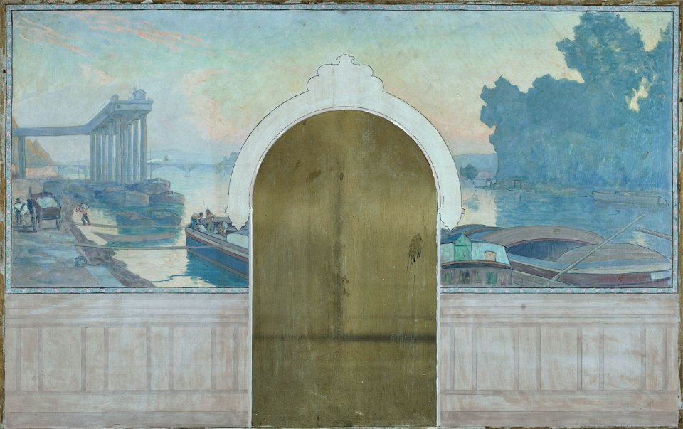 Henry Marius Camille Bouvet - Esquisse pour la salle de mariages de la mairie d'Asnières , Paysage. Péniches sur la Seine, avec le - PPP4331 - Musée des Beaux-Arts de la ville de Paris