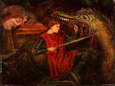 Henry Treffry Dunn (1838-1899) - The Theodore Watts-Dunton Cabinet, Saint George and the Dragon (after Dante Gabriel Rossetti) - 1288304.4 - National Trust