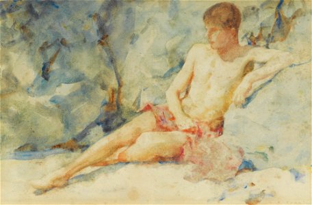 Henry Scott Tuke - Boy against rock. Free illustration for personal and commercial use.