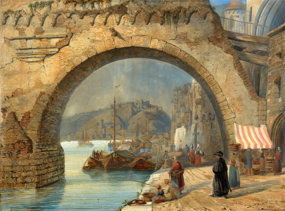 Henry C Gritten (1818-73) - Ehrenbreitstein from the Moselle Bridge at Koblenz - RCIN 404602 - Royal Collection