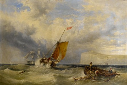Henry King Taylor - Pilot cutter no. 3 heading back inshore, with a large merchantman hove-to out in the bay