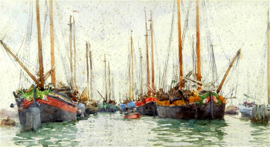Henry Scott Tuke - Gaily coloured fishing vessels at anchor