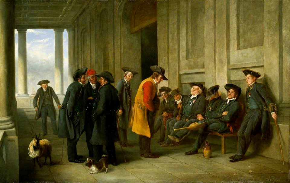 Henry James Pidding (1797-1864) - Pensioners Outside the Chapel at Greenwich ('An old tar doing penance for his devotion to jolly Bacchus') - BHC1816 - Royal Museums Greenwich