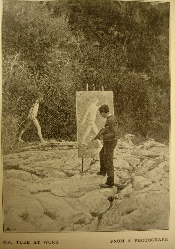 Henry Scott Tuke painting the picture A woodland bather