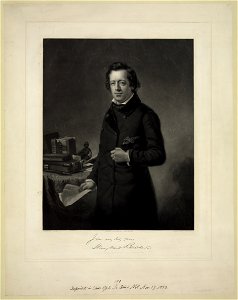 Henry Ward Beecher, three-quarter length portrait, standing next to table, facing front, holding paper in right hand) - painted by T. Hicks, N.A. ; engraved by J.C. McRae, N.Y LCCN2004670117