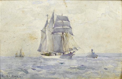 Henry Scott Tuke - A three-masted topsail schooner heading into port with a tug
