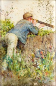 Henry Scott Tuke - Man looking through a telescope. Free illustration for personal and commercial use.