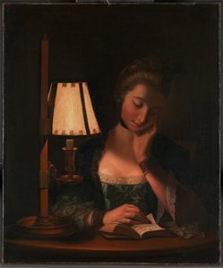 Henry Robert Morland - Woman Reading by a Paper-Bell Shade - Google Art Project. Free illustration for personal and commercial use.