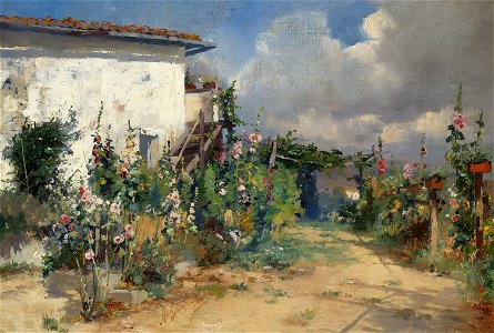 Henryk Siemiradzki - House with hollyhocks in the garden - MP 2052 MNW - National Museum in Warsaw. Free illustration for personal and commercial use.