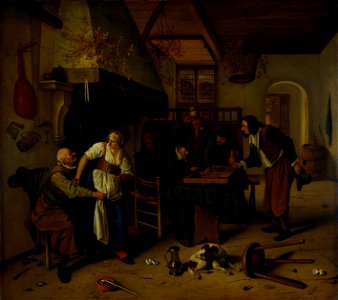 Herberginterieur met een oude man, die zich amuseert met de waardin, en triktrakspelers, bekend als 'Tweeërlei spel' Rijksmuseum SK-A-3347. Free illustration for personal and commercial use.