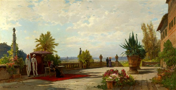 Hermann Corrodi (1844-1905) - Queen Victoria (1819-1901) on the Terrace of Villa Palmieri - RCIN 404839 - Royal Collection