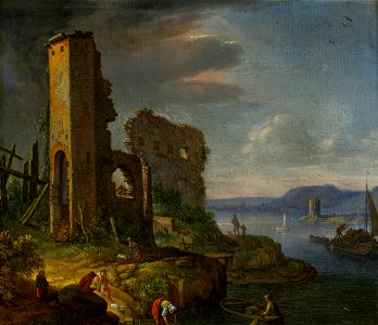 Herman Saftleven - River Landscape with Ruins, Boats and Figures. Free illustration for personal and commercial use.