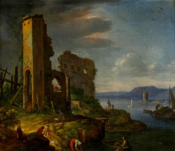 Herman Saftleven - River Landscape with Ruins, Boats and Figures