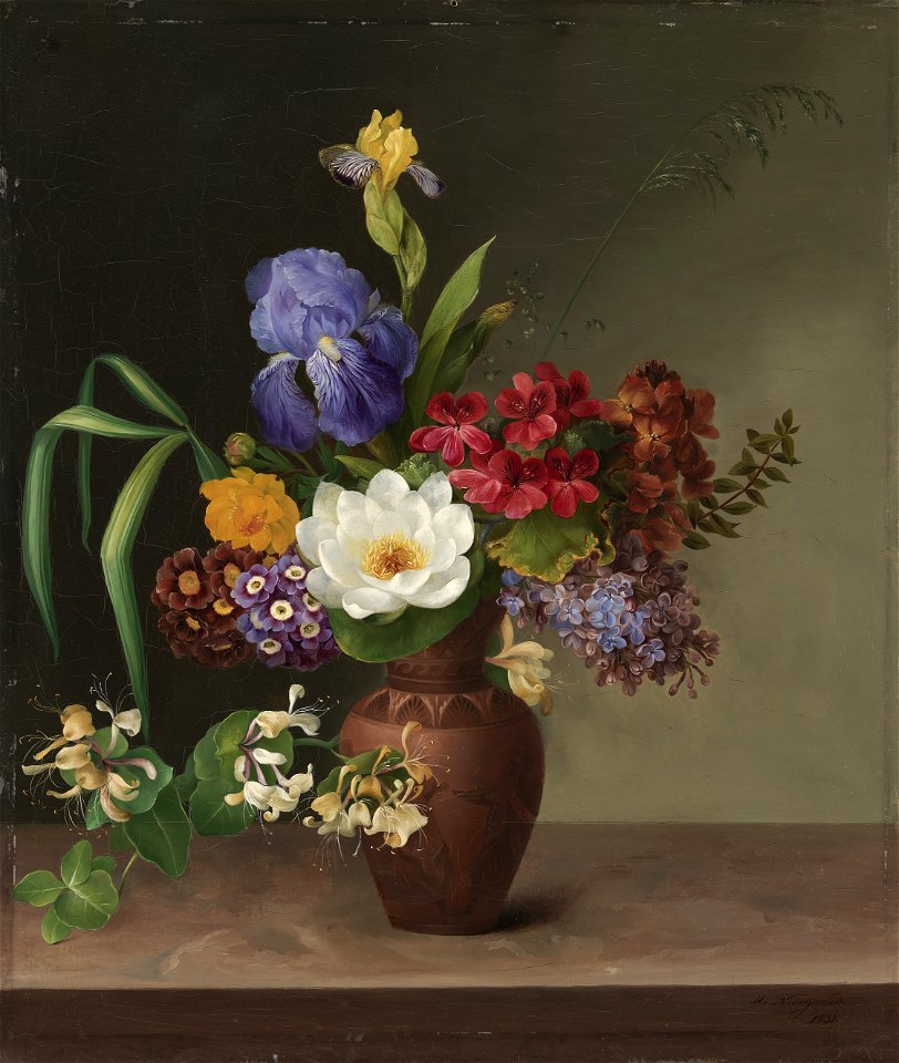 Hermania Neergaard - Vase i græsk stil med iris, syren og kaprifolium - KMS1256 - Statens Museum for Kunst