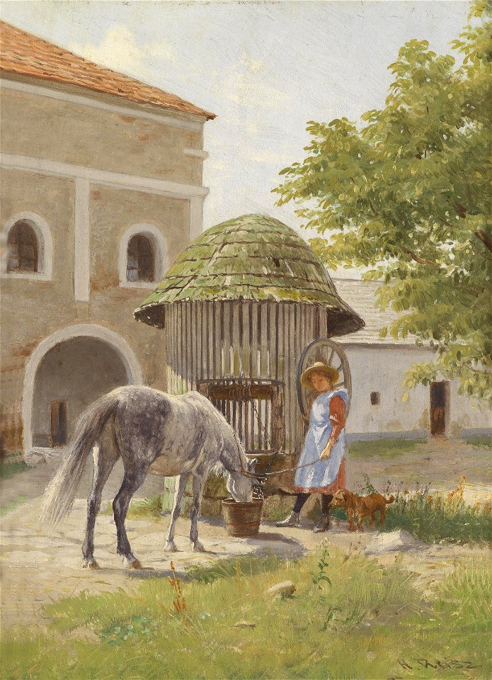 Hermann Reisz Mädchen mit Pferd am Brunnen