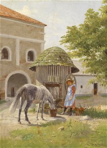 Hermann Reisz Mädchen mit Pferd am Brunnen. Free illustration for personal and commercial use.