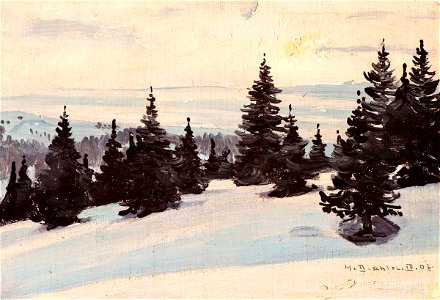 Hermann Dischler Abendliche Winterlandschaft mit Tannen 1907. Free illustration for personal and commercial use.